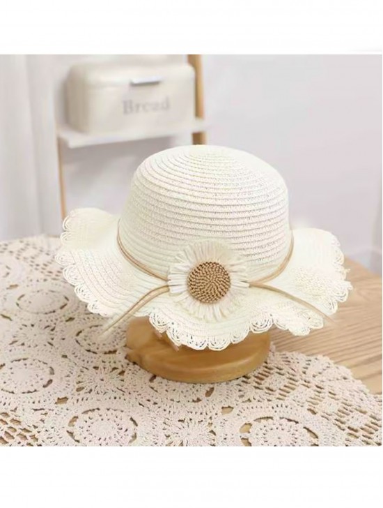 Kid's Woven Sun Hat W/ Flowers